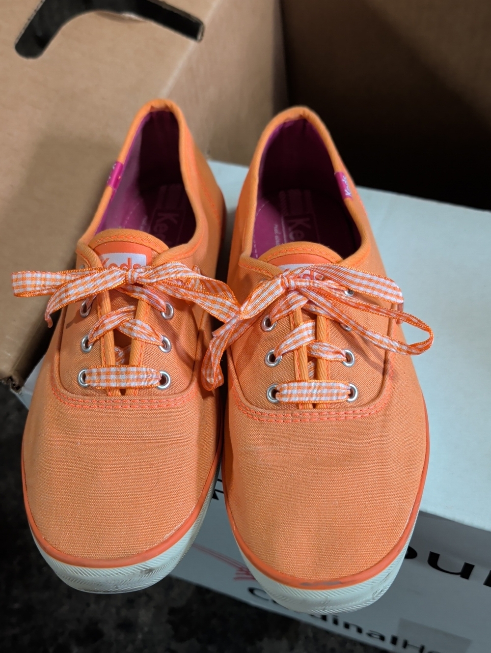 Keds Champion Orange Seasonal Canvas Gingham Lace Sneakers